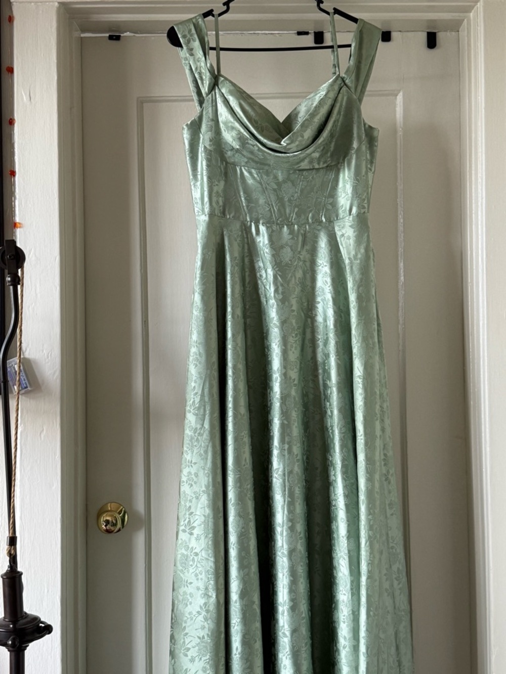 B Darlin Sage Green Satin Floral Maxi Dress with Cowl Neck